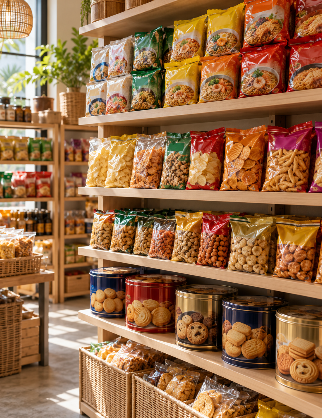 A generic display of imported noodles, snacks and cookies