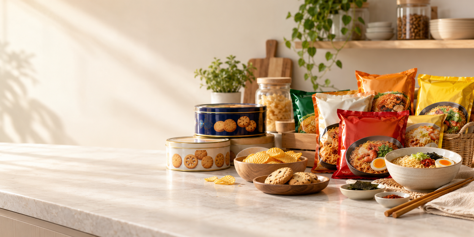 A generic selection of noodles, snacks and cookies